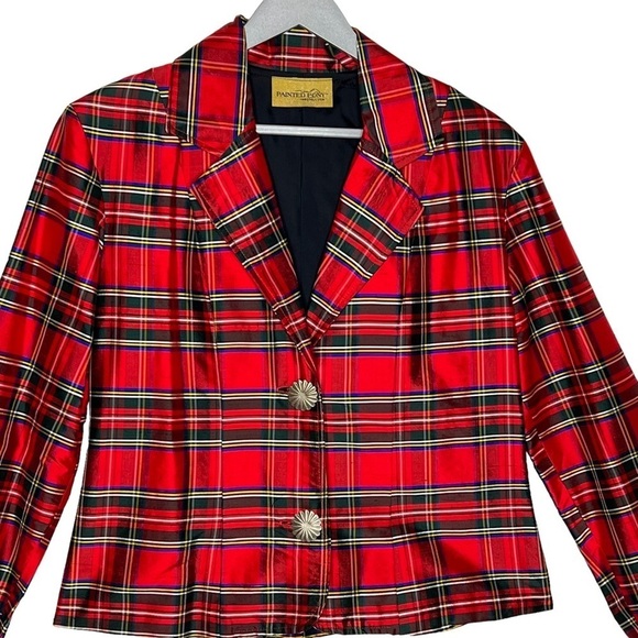 Vintage Painted Pony Red Tartan Plaid Silk Cropped Blazer Chunky Buttons Size 12 - Picture 7 of 16
